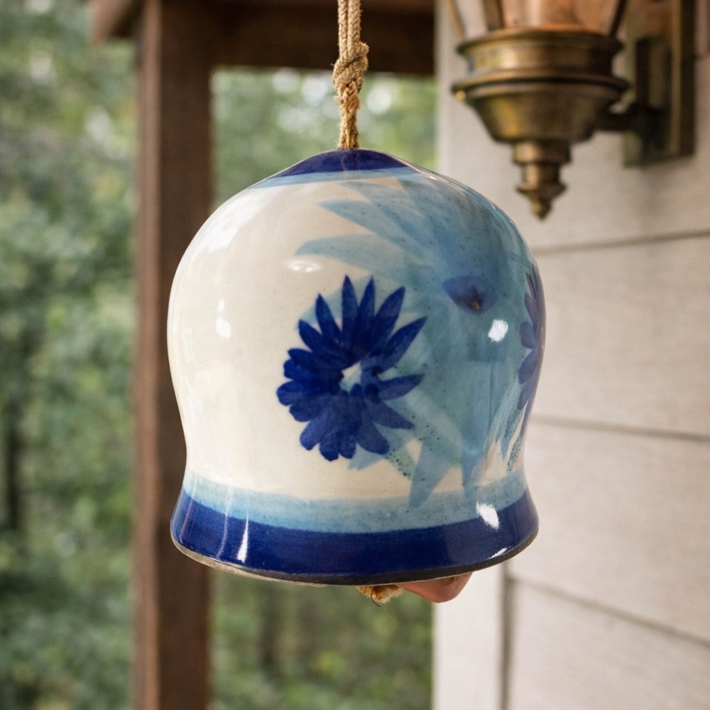 Pacific Stoneware Bell 1973 Hand Painted Blue Floral Ceramic Hanging USA 4”